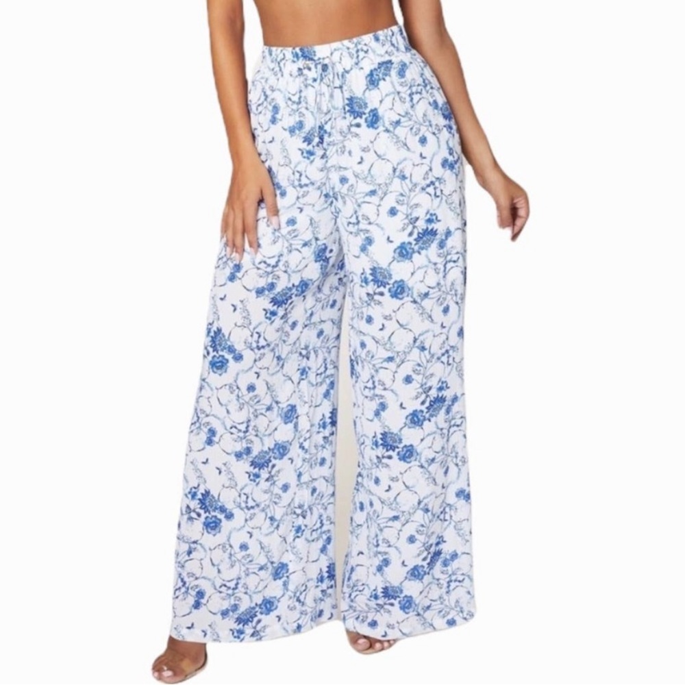 MESHKI Blue Floral Evangeline High Waisted Wide Leg Pants Small
